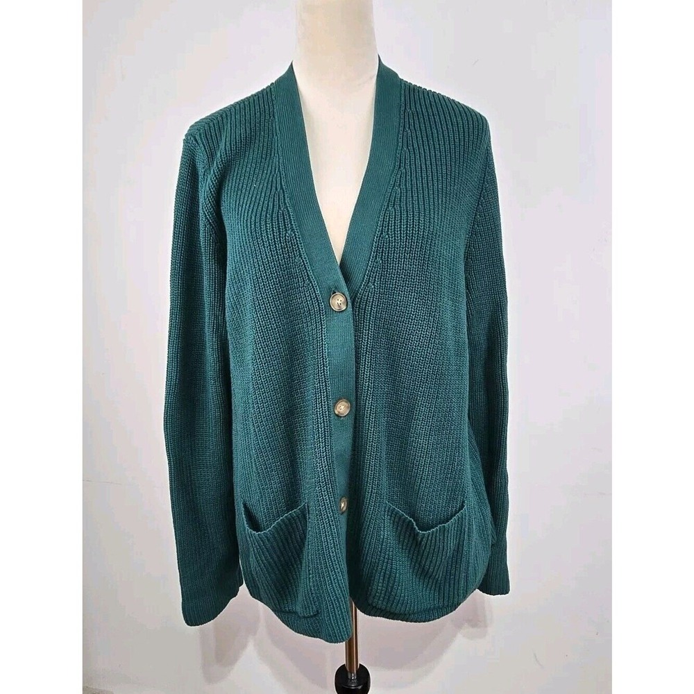 Lands' End Drifter Cardigan Womens XL 18 Teal Green Cotton Shaker Knit Sweater